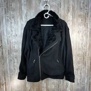Free People Wool Blend Moto Jacket Faux Fur Collar Asymmetric Zip Black Sz Small